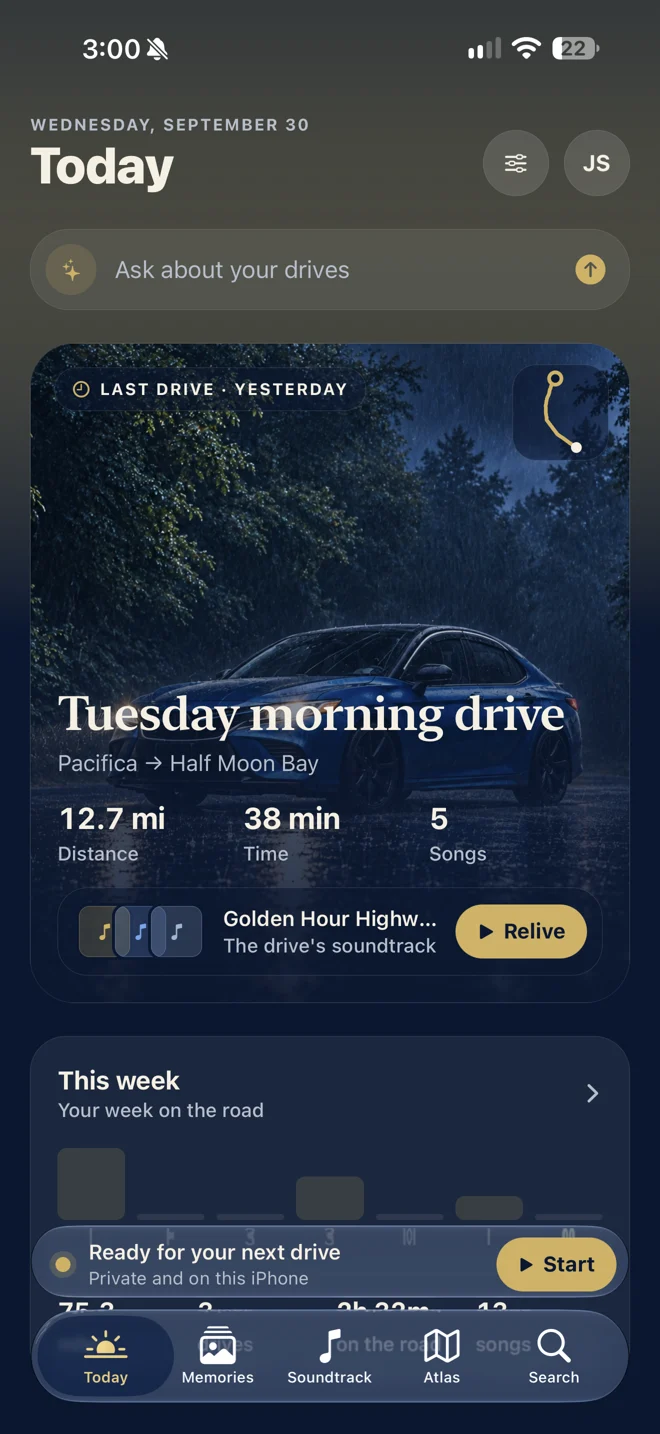 JourneyDeck Today screen showing a saved drive and its soundtrack